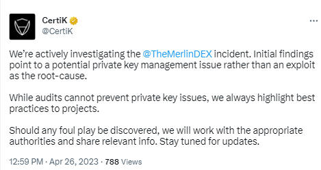 CertiK：Merlin事件或源于私钥管理问题而非漏洞利用，正在积极调查