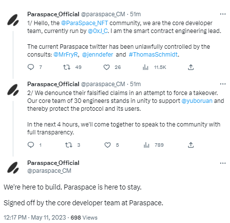 Paraspace内部支持Yubo的开发团队另起推特账号，以向社区发表讲话