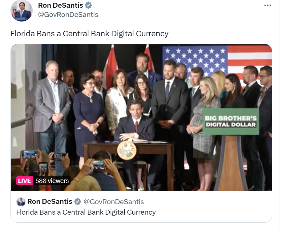 美佛罗里达州州长签署CBDC禁令，将于7月1日生效