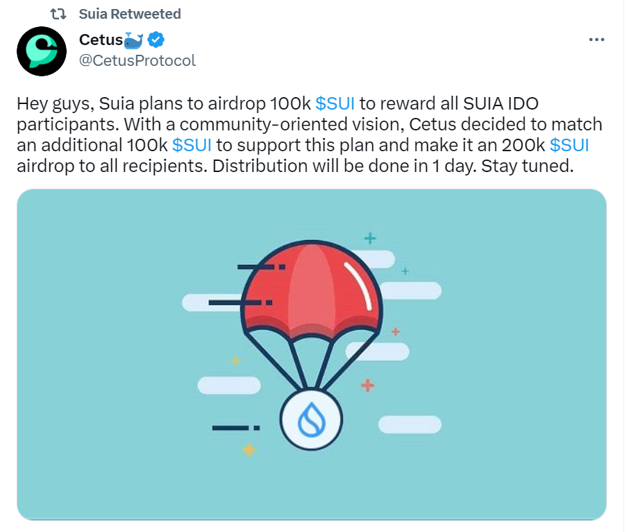 Suia和Cetus将分别空投10万枚SUI以奖励所有SUIA ID0参与者