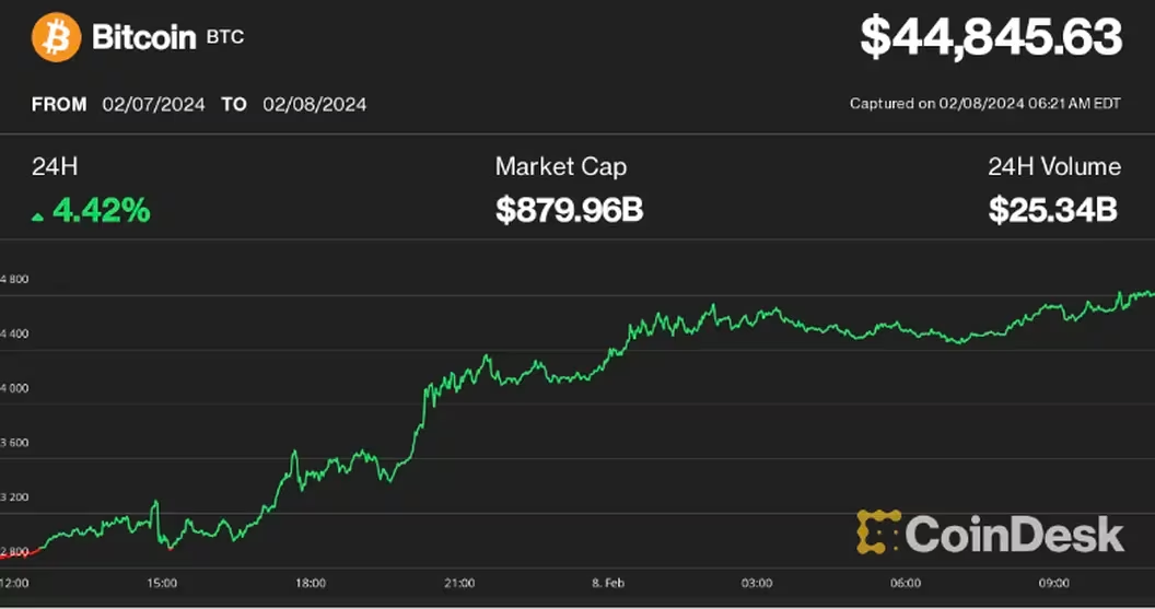 比特币行情突破4.5万美元，加密货币交易量上升