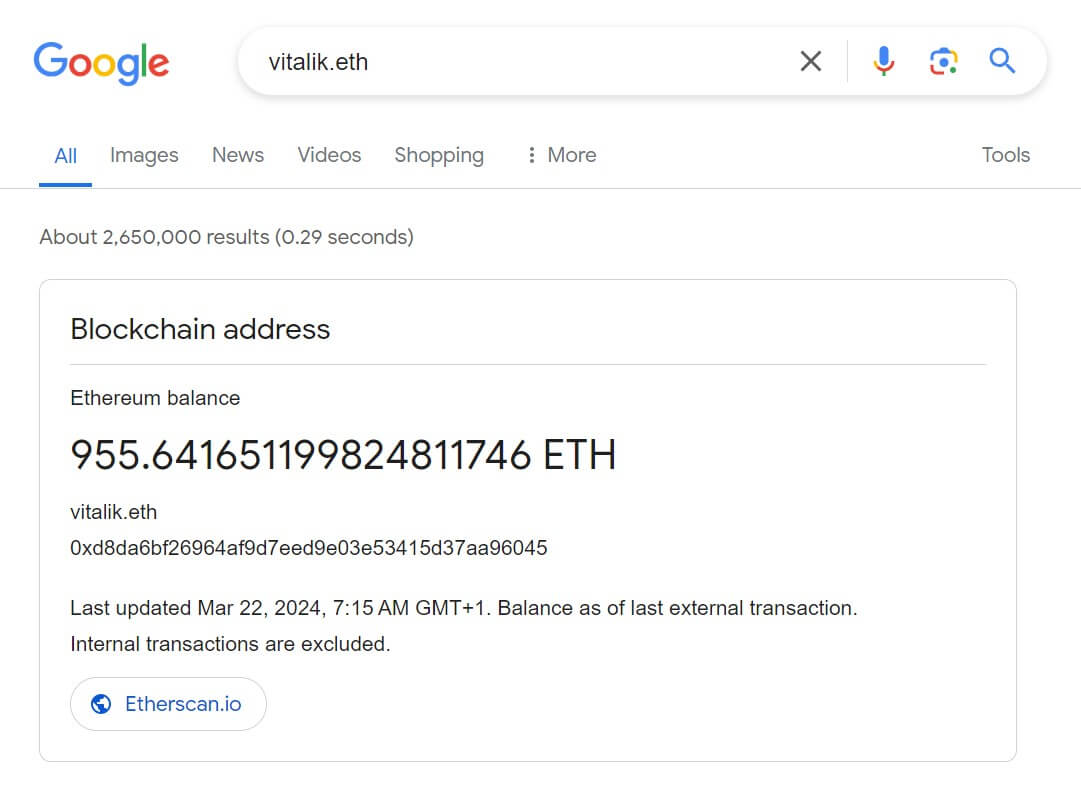 谷歌通过Etherscan将以太坊名称服务数据添加到搜索结果中