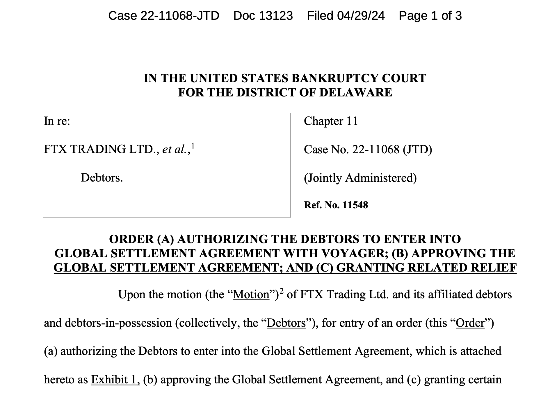 破产法官签署了4.5亿美元的FTX-Voyager和解协议