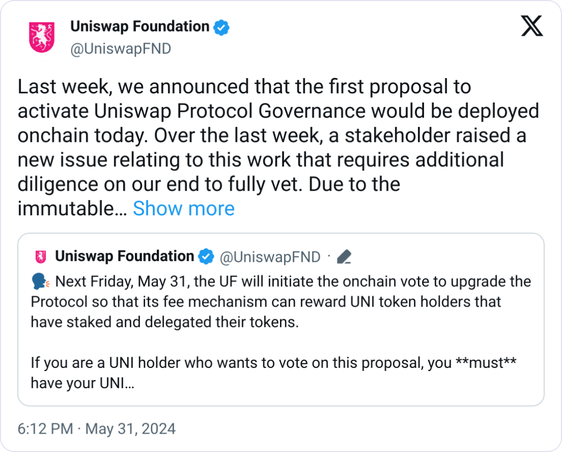 Uniswap基金会推迟对激励措施进行投票插图 Uniswap基金会推迟对激励措施进行投票