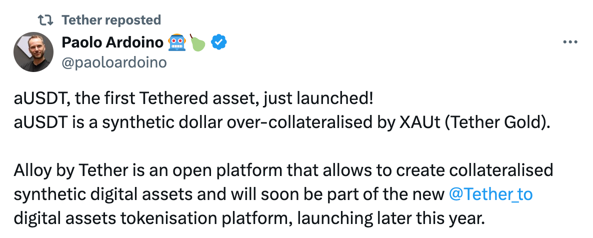 Tether推出以黄金为支撑的美元稳定币Alloy插图 Tether推出以黄金为支撑的美元稳定币Alloy