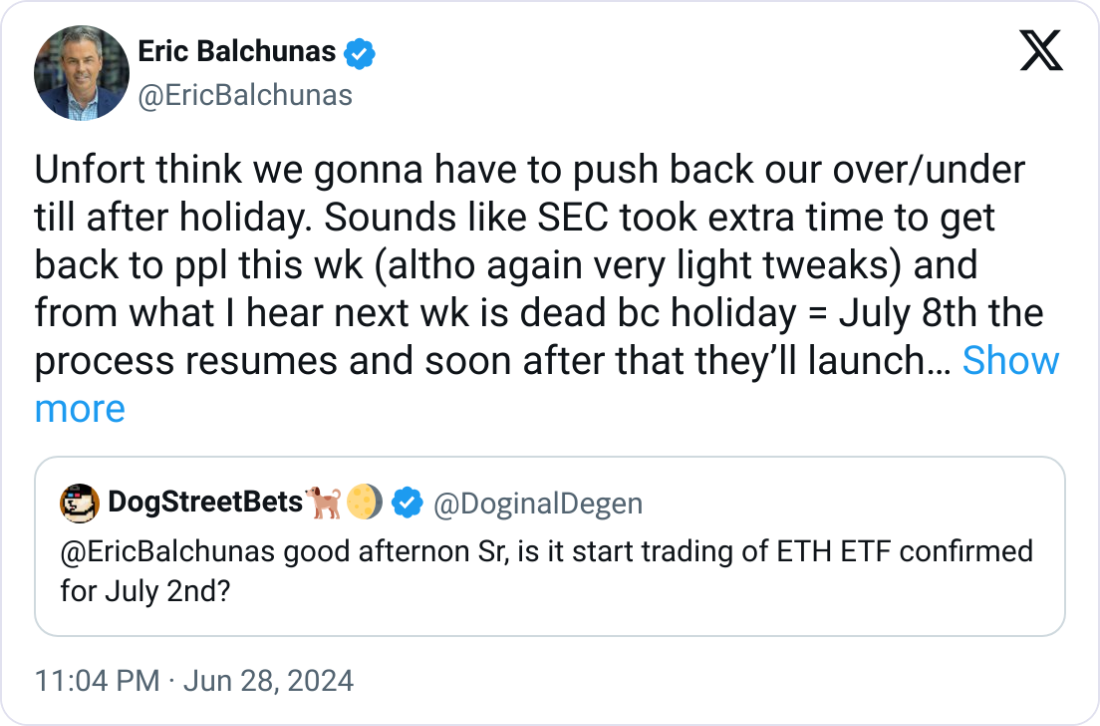 现货以太坊ETF的推出因美国证券交易委员会的评论而推迟插图 现货以太坊ETF的推出因美国证券交易委员会的评论而推迟