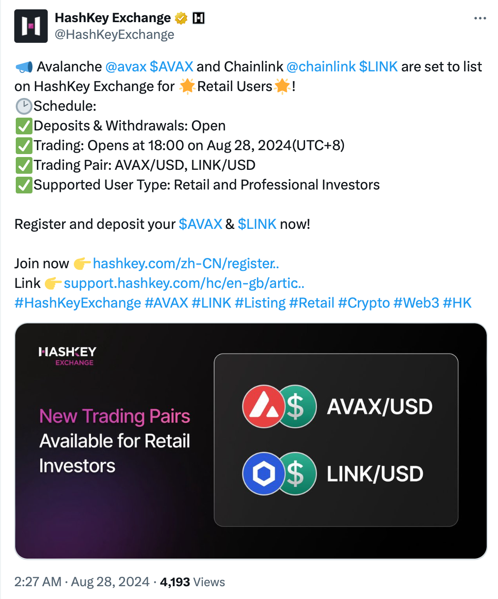HashKey为香港散户投资者增加AVAX和LINK交易