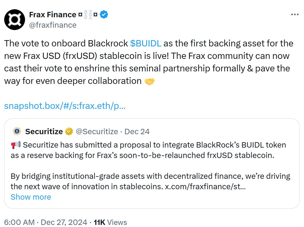 投票决定使用贝莱德的BUIDL作为Frax稳定币的支持资产