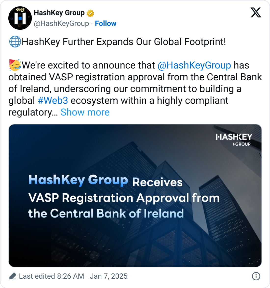 HashKey根据MiCA法规在爱尔兰获得VASP许可证