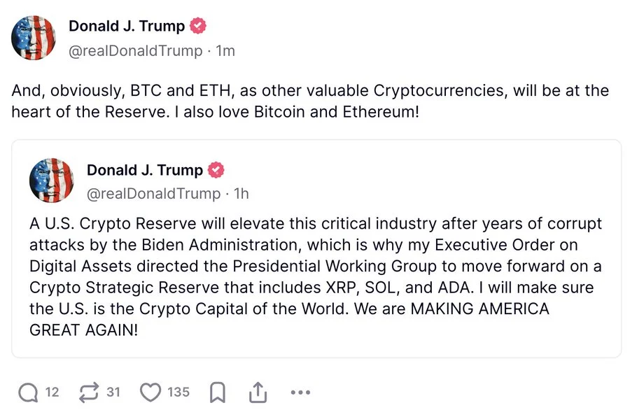 特朗普公布美国加密货币储备，XRP、SOL、ADA、BTC和ETH暴涨